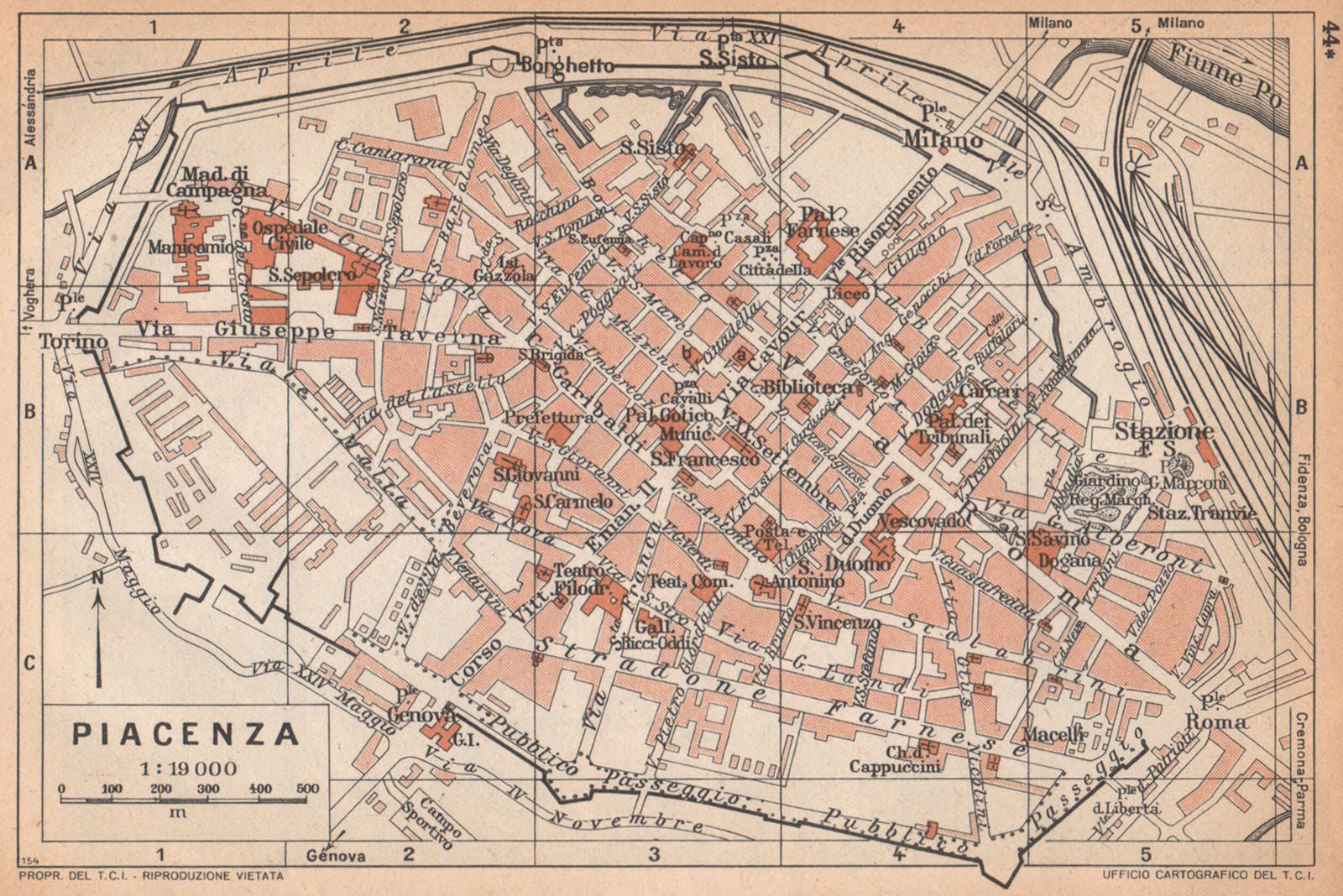 PIACENZA vintage town city pianta della città. Italy 1958 old vintage map